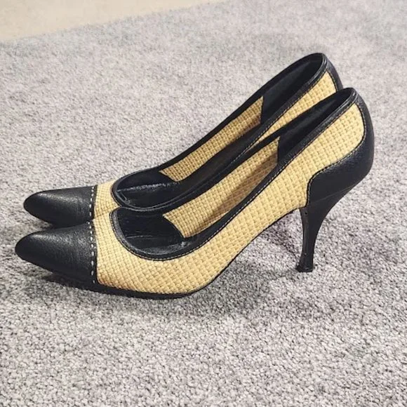 SOLD Prada Black Leather Raffia Cap Toe Pump Heels Sz 39 - Picture 8 of 15